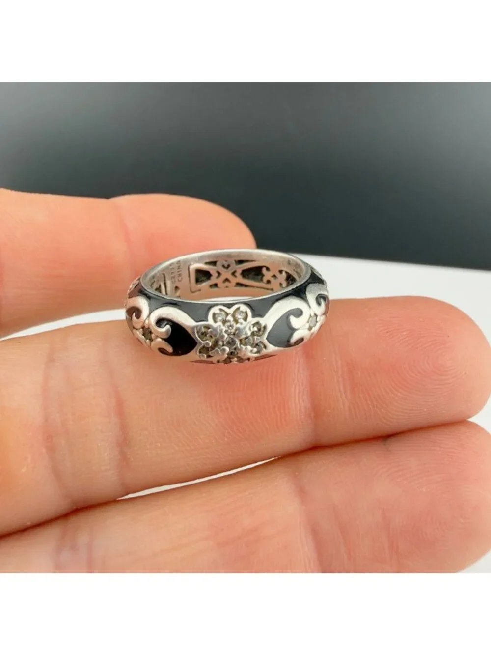 Hidalgo Sterling Silver Black Enamel CZ 925 Band Ring Size 7